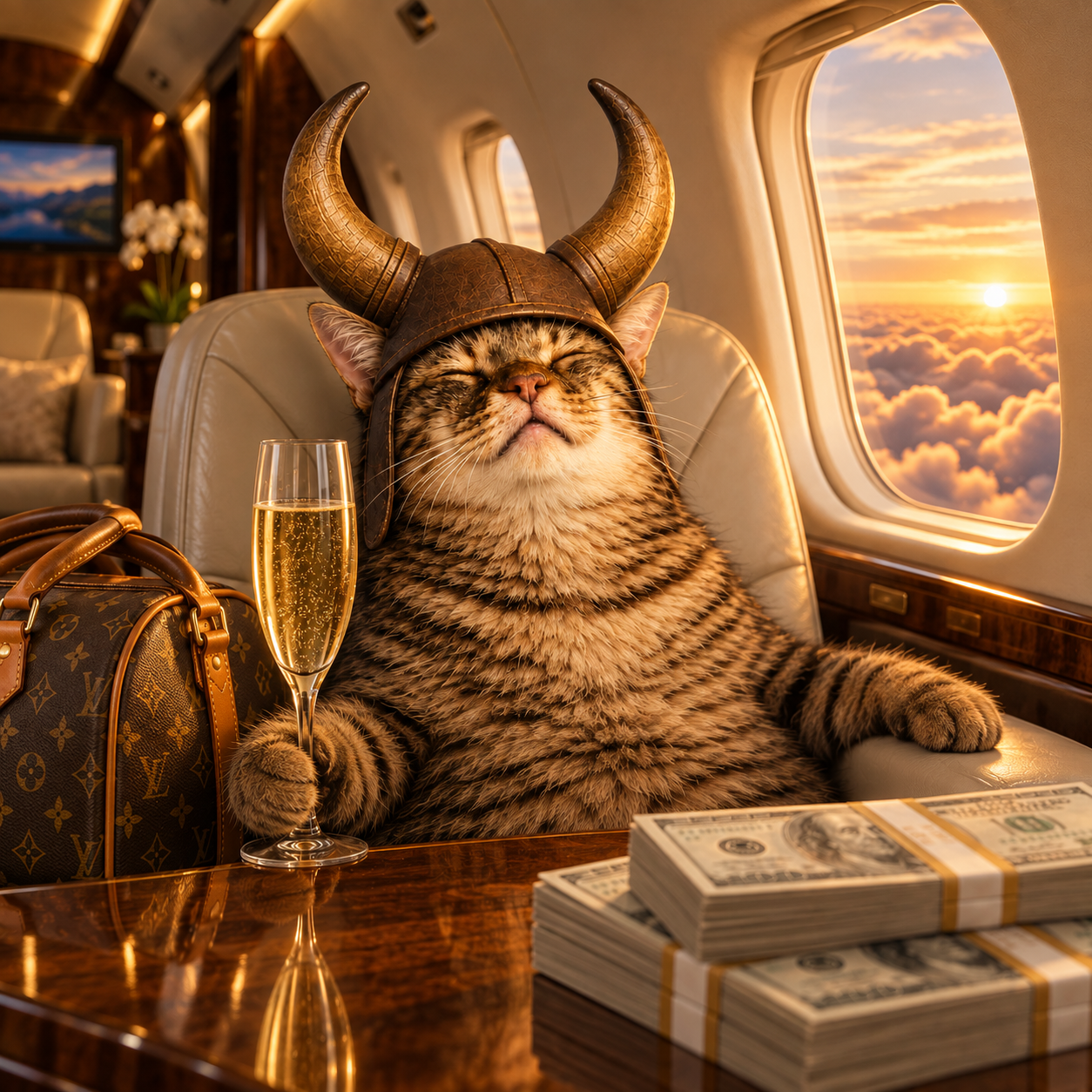 The Bull Cate mascot — a viking-helmeted cat sipping champagne in a private jet at sunset