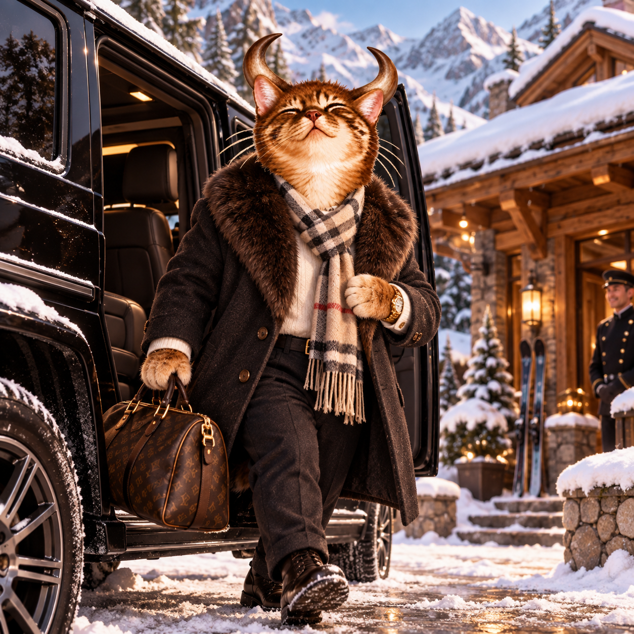 Bull-cat in a fur-collared coat and scarf stepping out of a black SUV at a snowy chalet