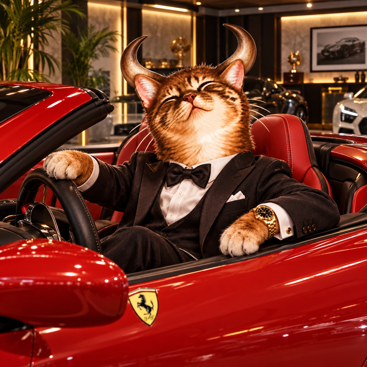Bull-cat in a tuxedo behind the wheel of a red Ferrari in a showroom