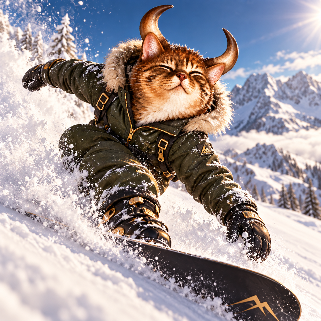 Bull-cat in a green ski suit carving through fresh powder on a snowboard