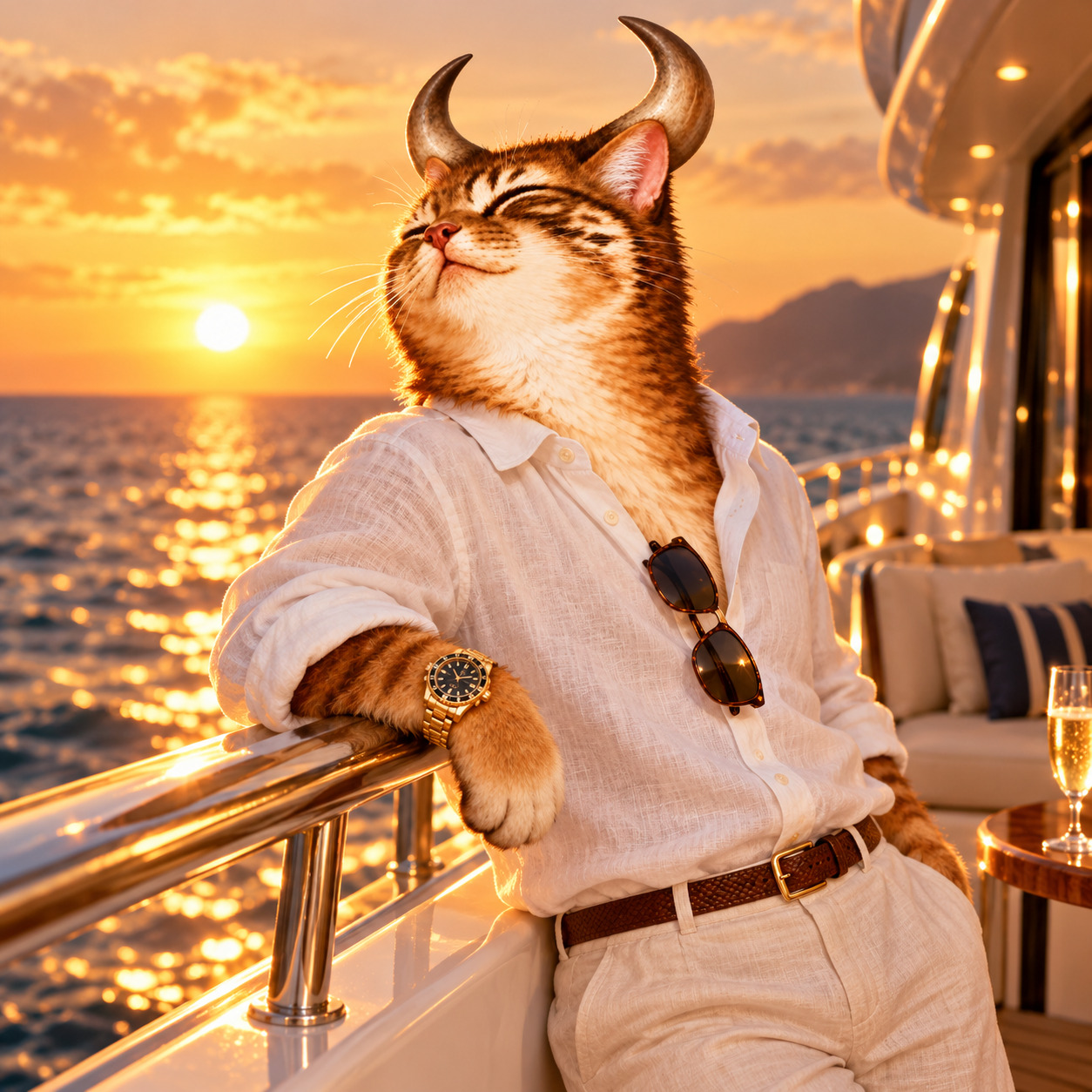 Bull-cat in a white linen shirt and gold watch leaning on a yacht rail at sunset